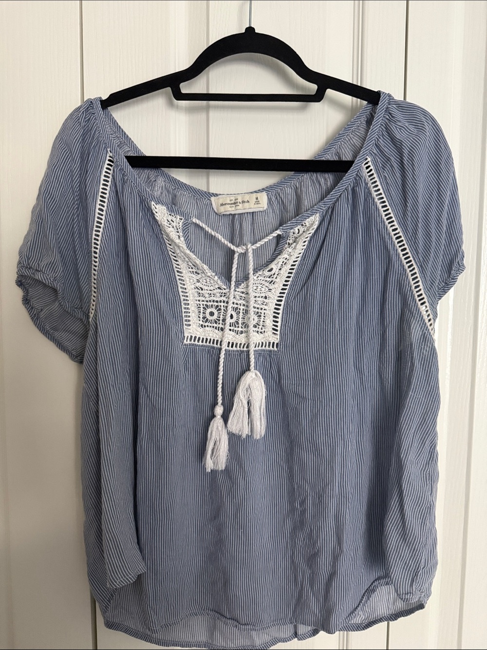 Abercrombie & Fitch Light Blue Pinstripe Peasant Top with White Crochet